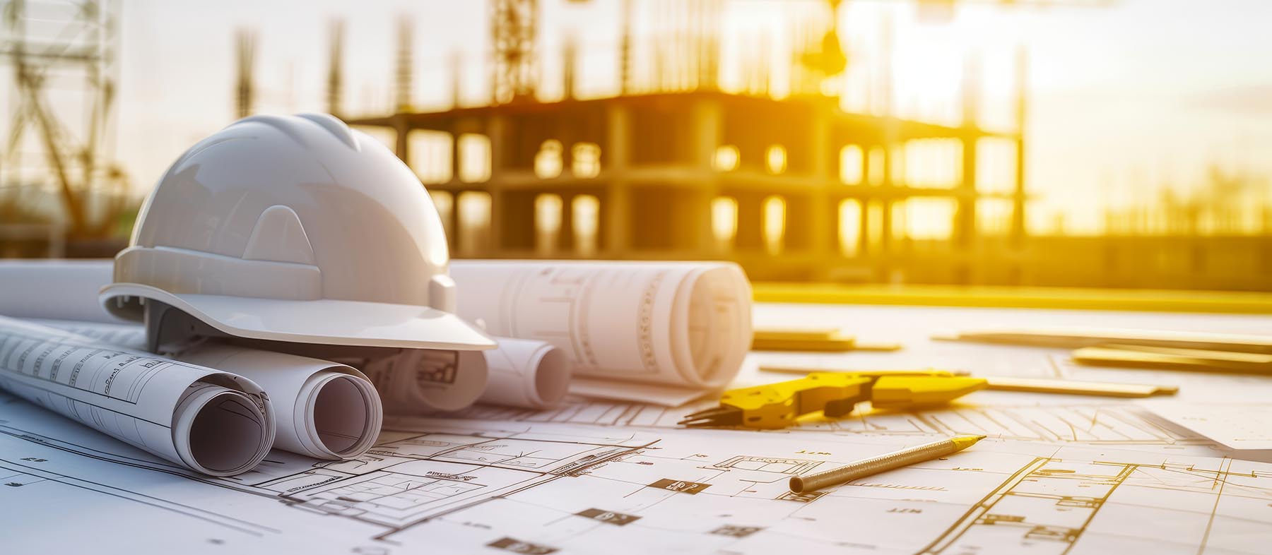 Construction worker's hard hat on top of blueprint