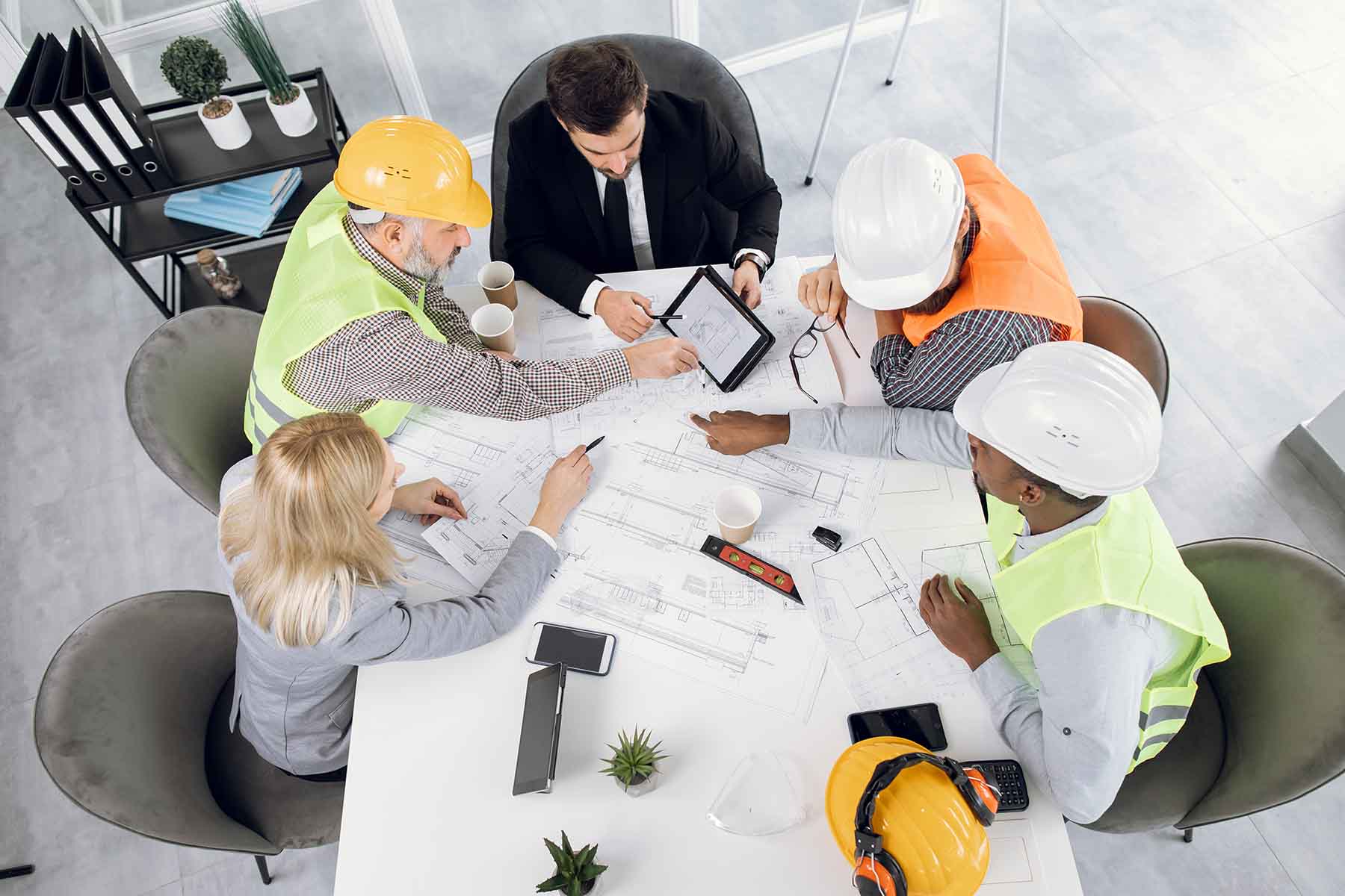 Construction team planning meeting